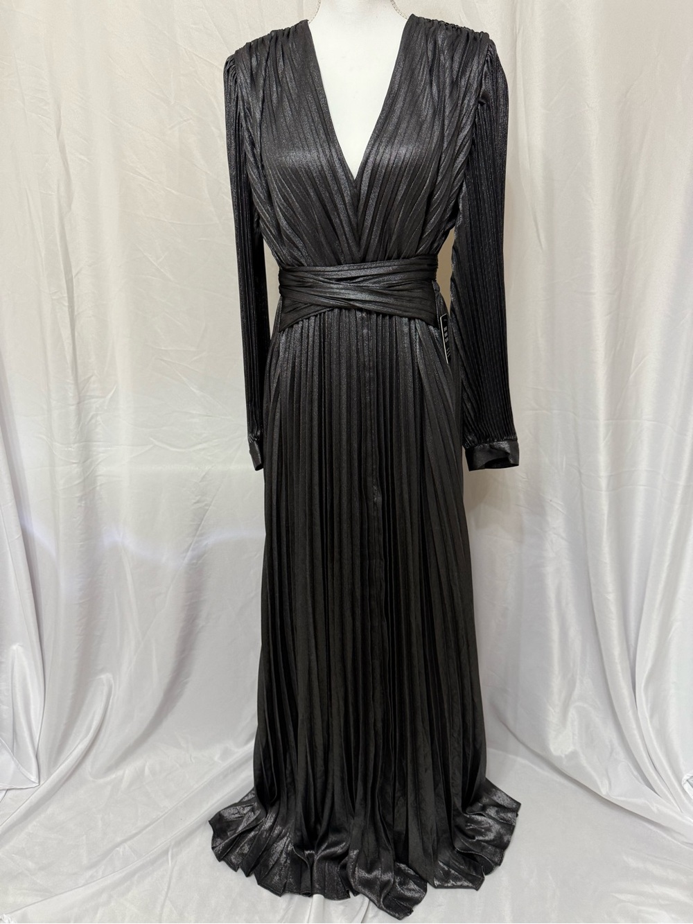 Express Grey Metallic Pleated Satin-Trim Dress